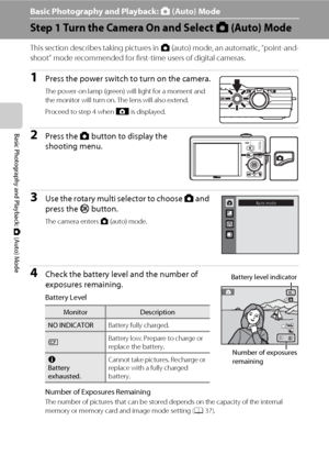 Page 3422
Basic Photography and Playback: A (Auto) Mode
Basic Photography and Playback: A (Auto) Mode
Step 1 Turn the Camera On and Select A (Auto) Mode
This section describes taking pictures in A (auto) mode, an automatic, “point-and-
shoot” mode recommended for first-time users of digital cameras.
1Press the power switch to turn on the camera.
The power-on lamp (green) will light for a moment and 
the monitor will turn on. The lens will also extend.
Proceed to step 4 when A is displayed.
2Press the A button...