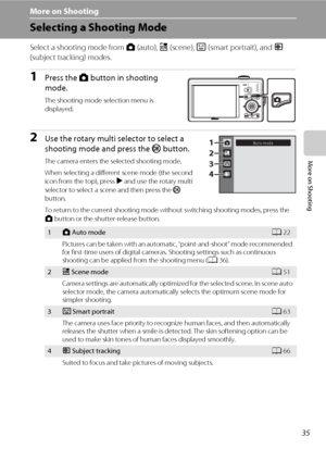 Page 4735
More on Shooting
More on Shooting
Selecting a Shooting Mode
Select a shooting mode from A (auto), x (scene), F (smart portrait), and s 
(subject tracking) modes.
1Press the A button in shooting 
mode.
The shooting-mode selection menu is 
displayed.
2Use the rotary multi selector to select a 
shooting mode and press the k button.
The camera enters the selected shooting mode.
When selecting a different scene mode (the second 
icon from the top), press K and use the rotary multi 
selector to select a...