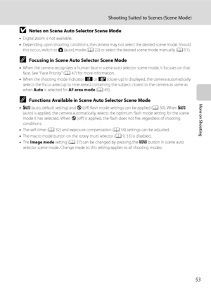 Page 6553
Shooting Suited to Scenes (Scene Mode)
More on Shooting
BNotes on Scene Auto Selector Scene Mode
•Digital zoom is not available.
•Depending upon shooting conditions, the camera may not select the desired scene mode. Should 
this occur, switch to A (auto) mode (A22) or select the desired scene mode manually (A51).
CFocusing in Scene Auto Selector Scene Mode
•When the camera recognizes a human face in scene auto selector scene mode, it focuses on that 
face. See “Face Priority” (A47) for more...