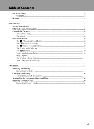 Page 9vii
Table of Contents
For Your Safety........................................................................................................................................ ii
WARNINGS .................................................................................................................................................................. ii
Notices...