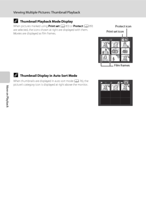 Page 8472
Viewing Multiple Pictures: Thumbnail Playback
More on Playback
CThumbnail Playback Mode Display
When pictures marked using Print set (A83) or Protect (A89) 
are selected, the icons shown at right are displayed with them.
Movies are displayed as film frames.
CThumbnail Display in Auto Sort Mode
When thumbnails are displayed in auto sort mode (A76), the 
picture’s category icon is displayed at right above the monitor.
1/    10
Film frames Print set icon
Protect icon
1/      3
Downloaded From...