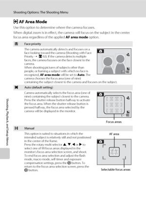 Page 10290
Shooting Options: The Shooting Menu
Shooting, Playback, and Setup Menus
G AF Area Mode
Use this option to determine where the camera focuses.
When digital zoom is in effect, the camera will focus on the subject in the center 
focus area regardless of the applied AF area mode option.
zFace priority
The camera automatically detects and focuses on a 
face looking toward the camera (Shooting with Face 
Priority ➝A92). If the camera detects multiple 
faces, the camera focuses on the face closest to the...