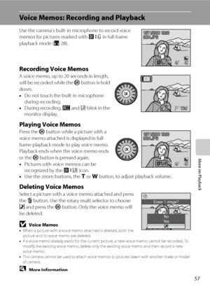 Page 6957
More on Playback
Voice Memos: Recording and Playback
Use the camera’s built-in microphone to record voice 
memos for pictures marked with n in full-frame 
playback mode (A28).
Recording Voice Memos
A voice memo, up to 20 seconds in length, 
will be recorded while the k button is hold 
down. 
•Do not touch the built-in microphone 
during recording.
•During recording, o and p blink in the 
monitor display.
Playing Voice Memos
Press the k button while a picture with a 
voice memo attached is displayed in...