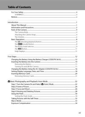 Page 9vii
Table of Contents
For Your Safety........................................................................................................................................ ii
WARNINGS .................................................................................................................................................................. ii
Notices...