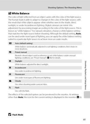 Page 9785
Shooting Options: The Shooting Menu
Shooting, Playback, and Setup Menus
B White Balance
The color of light reflected from an object varies with the color of the light source. 
The human brain is able to adapt to changes in the color of the light source, with 
the result that white objects appear white whether seen in the shade, direct 
sunlight, or under incandescent lighting. Digital cameras can mimic this 
adjustment by processing images according to the color of the light source. This is 
known as...