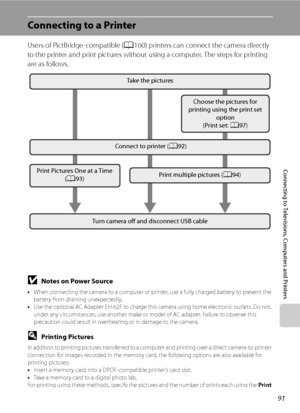 Page 103
91
Connecting to Televisions, Computers and Printers
Connecting to a Printer
Users of PictBridge-compatible (A160) printers can connect the camera directly 
to the printer and print pictures without using a computer. The steps for printing 
are as follows.
BNotes on Power Source
• When connecting the camera to a computer or prin ter, use a fully charged battery to prevent the 
battery from draining unexpectedly.
• Use the optional AC Adapter EH-62F to charge this camera using home electronic outlets. Do...