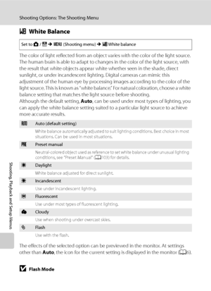 Page 114
102
Shooting Options: The Shooting Menu
Shooting, Playback and Setup Menus
BWhite Balance
The color of light reflected from an object varies with the color of the light source.
The human brain is able to adapt to changes in the color of the light source, with 
the result that white objects appear wh ite whether seen in the shade, direct 
sunlight, or under incandescent ligh ting. Digital cameras can mimic this 
adjustment of the human eye by processing images according to the color of the 
light source....