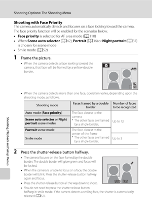 Page 124
112
Shooting Options: The Shooting Menu
Shooting, Playback and Setup Menus
Shooting with Face PriorityThe camera automatically detects and focuses on a face looking toward the camera.
The face priority function will be enabled for the scenarios below.
• Face priority is selected for AF area mode ( A110)
• When  Scene auto selector  (A 42),  Por trait  (A 36) or  Night portrait  (A 37) 
is chosen for scene mode
• Smile mode ( A52)
1Frame the picture.
•When the camera detects a face looking toward the...