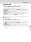 Page 91
79
The Movie Menu
Movies
IAutofocus Mode
Choose how the camera focuses in movie mode.
wElectronic VR
Enable or disable electronic VR for movie recording.
At settings other than  Off, the icon for the current setting is displayed in the 
monitor ( A6).
Set to  D (Movie)  M d  (Movie menu)  M I Autofocus mode
OptionDescription
ASingle AF
(default setting) Camera focuses when shutter-release button is pressed halfway and 
locks at this position during shooting. Focus will be locked at that 
position during...