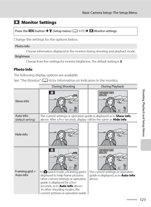 Page 135123
Basic Camera Setup: The Setup Menu
Shooting, Playback and Setup Menus
eMonitor Settings
Change the settings for the options below.
Photo Info
The following display options are available.
See “The Monitor” (A6) for information on indicators in the monitor.
Press the d button M z (Setup menu) (A117) M eMonitor settings
Photo info
Choose information displayed in the monitor during shooting and playback mode.
Brightness
Choose from five settings for monitor brightness. The default setting is 3.
During...