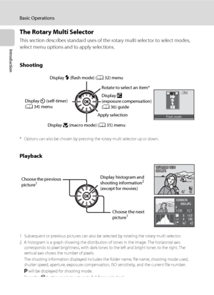 Page 2210
Basic Operations
Introduction
The Rotary Multi Selector
This section describes standard uses of the rotary multi selector to select modes, 
select menu options and to apply selections.
Shooting
* Options can also be chosen by pressing the rotary multi selector up or down.
Playback
1 Subsequent or previous pictures can also be selected by rotating the rotary multi selector.
2 A histogram is a graph showing the distribution of tones in the image. The horizontal axis 
corresponds to pixel brightness,...