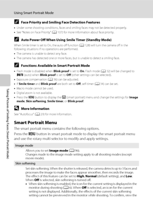 Page 6452
Using Smart Portrait Mode
Taking Pictures of Smiling Faces (Smart Portrait Mode)
CFace Priority and Smiling Face Detection Features
•Under some shooting conditions, faces and smiling faces may not be detected properly.
•See “Notes on Face Priority” (A107) for more information about face priority.
CAuto Power Off When Using Smile Timer (Standby Mode)
When Smile timer is set to On, the auto off function (A128) will turn the camera off in the 
following situations if no operations are performed.
•The...