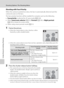 Page 118106
Shooting Options: The Shooting Menu
Shooting, Playback and Setup Menus
Shooting with Face Priority
When the camera is pointed at a face, the face is automatically detected and the 
camera focuses on the face.
The face priority function will be enabled for scenarios such as the following.
•Face priority is selected for AF area mode (A104)
•When Scene auto selector (A45), Portrait (A38) or Night portrait 
(A39) is chosen for scene mode
•When using smart portrait mode (A51)
1Frame the picture.
•When the...