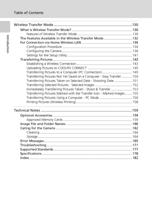 Page 14xii
Table of Contents
Introduction
Wireless Transfer Mode ...............................................................................130
What is Wireless Transfer Mode? ................................................................. 130
Features of Wireless Transfer Mode ........................................................... 130
The Features Available in the Wireless Transfer Mode............................... 132
For Connection via Home Wireless LAN...