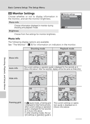 Page 134120
Basic Camera Setup: The Setup Menu
Shooting, Playback, and Setup Menus
Z Monitor Settings
Choose whether or not to display information in
the monitor, and set the monitor brightness.
Photo Info
The following display options are available.
See “The Monitor” (c8) for information on indicators in the monitor.
Photo info
Choose information displayed in monitor during 
shooting and playback mode.
Brightness
Choose from five settings for monitor brightness.
Shooting modePlayback mode
Show info
Auto infoThe...