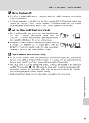 Page 145131
What is Wireless Transfer Mode?
Wireless Transfer Mode
lHome Wireless LAN
• This refers to wireless LAN networks connected via ad-hoc mode or infrastructure mode at
home or at the office.
• If Internet connection is possible from the home wireless LAN (Infrastructure mode), you
can use the COOLPIX CONNECT service. However, if the home wireless LAN uses a proxy
server to connect to the Internet, the COOLPIX CONNECT service is not available.
lAd-hoc Mode and Infrastructure Mode
• Ad-hoc mode...