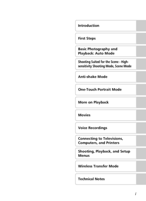 Page 3i
Introduction
First Steps
Basic Photography and 
Playback: Auto Mode
Shooting Suited for the Scene - High-
sensitivity Shooting Mode, Scene Mode
Anti-shake Mode
One-Touch Portrait Mode
More on Playback
Movies
Voice Recordings
Connecting to Televisions, 
Computers, and Printers
Shooting, Playback, and Setup 
Menus
Wireless Transfer Mode
Technical Notes
Downloaded From camera-usermanual.com Nikon Manuals 