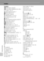 Page 196182
Technical Notes
Index
Symbols
F Anti-shake mode 49
F Anti-shake mode/electronic vibra-
tion mode 7, 49, 57
d Apply selection button 7
L Auto mode 24–31
J Calendar mode 60
T Delete button 11, 30, 53
i D-Lighting button 6, 56
l Help 13
K High-sensitivity shooting mode 36
L List-by-date mode 61
m Menu button 11
D Mode button 7, 10
T Movie mode 10, 11, 70, 71
m One-touch portrait button 6, 50
P Pictmotion mode 65
i Playback mode 10, 11, 31
k Playback zoom 53, 55
n Scene mode 11, 37–42
o Shooting/playback...