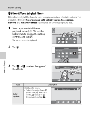 Page 130118
Picture Editing
Editing Pictures
i Filter Effects (digital filter)
Filter effects (digital filter) can be used to apply a variety of effects to pictures. The 
available effects are Color options, Soft, Selective color, Cross screen, 
Fisheye, and Miniature effect. New copies are stored as separate files.
1Select a picture in full-frame 
playback mode (A78), tap the 
bottom tab to display the setting 
controls, and tap M.
The retouch menu is displayed.
2Tap i.
3Tap C or D to select the type of 
the...