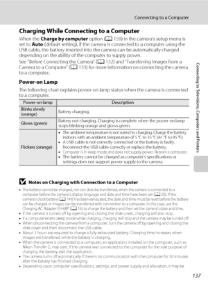 Page 149137
Connecting to a Computer
Connecting to Televisions, Computers and Printers
Charging While Connecting to a Computer
When the Charge by computer option (A159) in the camera’s setup menu is 
set to Auto (default setting), if the camera is connected to a computer using the 
USB cable, the battery inserted into the camera can be automatically charged 
depending on the ability of the computer to supply power.
See “Before Connecting the Camera” (A132) and “Transferring Images from a 
Camera to a Computer”...