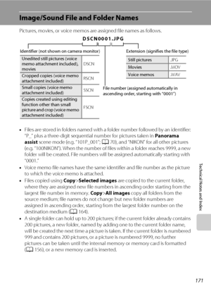 Page 183171
Technical Notes and Index
Image/Sound File and Folder Names
Pictures, movies, or voice memos are assigned file names as follows.
•Files are stored in folders named with a folder number followed by an identifier: 
“P_” plus a three-digit sequential number for pictures taken in Panorama 
assist scene mode (e.g. “101P_001”; A70), and “NIKON” for all other pictures 
(e.g. “100NIKON”). When the number of files within a folder reaches 9999, a new 
folder will be created. File numbers will be assigned...