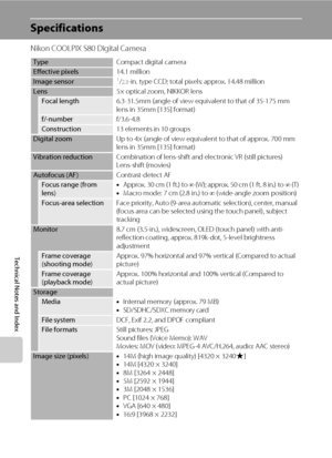 Page 196184
Technical Notes and Index
Specifications
Nikon COOLPIX S80 Digital Camera
TypeCompact digital cameraEffective pixels14.1 million
Image sensor1/2.3-in. type CCD; total pixels: approx. 14.48 million
Lens5× optical zoom, NIKKOR lensFocal length6.3-31.5mm (angle of view equivalent to that of 35-175 mm 
lens in 35mm [135] format)
f/-numberf/3.6-4.8Construction13 elements in 10 groups
Digital zoomUp to 4× (angle of view equivalent to that of approx. 700 mm 
lens in 35mm [135] format)
Vibration...