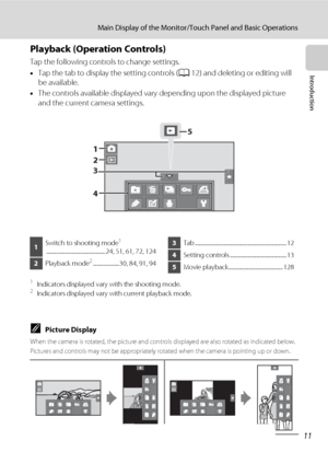 Page 2311
Main Display of the Monitor/Touch Panel and Basic Operations
Introduction
Playback (Operation Controls)
Tap the following controls to change settings.
•Tap the tab to display the setting controls (A12) and deleting or editing will 
be available.
•The controls available displayed vary depending upon the displayed picture 
and the current camera settings.
1Indicators displayed vary with the shooting mode.2Indicators displayed vary with current playback mode.
CPicture Display
When the camera is rotated,...