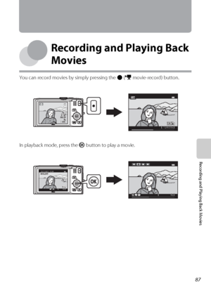 Page 10387
Recording and Playing Back Movies
Recording and Playing Back 
Movies
You can record movies by simply pressing the b (e movie-record) button.
In playback mode, press the k button to play a movie.
84084029m 0s29m 0s
12m30s12m30s
4s4s10s10s
0010.MOV0010.MOV15/11/2011 15:3015/11/2011 15:30
Downloaded From camera-usermanual.com Nikon Manuals 