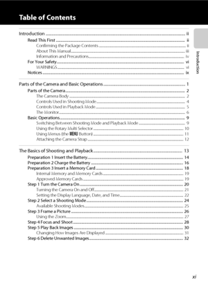 Page 13xi
Introduction
Table of Contents
Introduction ..........................................................................................................................................  ii
Read This First ........................................................................................................................................  ii
Confirming the Package Contents .............................................................................................................  ii
About This...