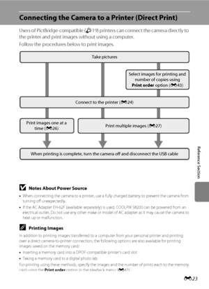 Page 135E23
Reference Section
Connecting the Camera to a Printer (Direct Print)
Users of PictBridge-compatible (F19) printers can connect the camera directly to 
the printer and print images without using a computer.
Follow the procedures below to print images.
Take pictures
Select images for printing and 
number of copies using
Print order option (E43)
Connect to the printer (E24)
Print images one at a 
time (E26)Print multiple images (E27)
When printing is complete, turn the camera off and disconnect the USB...