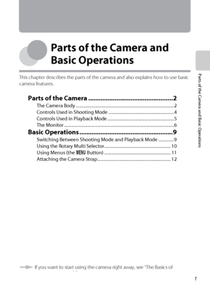 Page 171
Parts of the Camera and Basic Operations
Parts of the Camera and 
Basic Operations
This chapter describes the parts of the camera and also explains how to use basic 
camera features.
Parts of the Camera ................................................2
The Camera Body .......................................................................................... 2
Controls Used in Shooting Mode ............................................................ 4
Controls Used in Playback Mode...