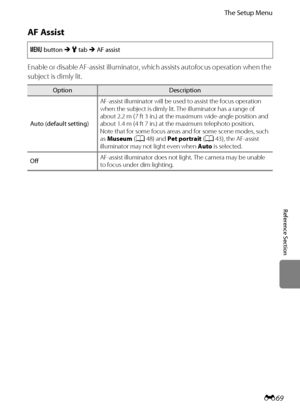 Page 181E69
The Setup Menu
Reference Section
AF Assist
Enable or disable AF-assist illuminator, which assists autofocus operation when the 
subject is dimly lit.
d button M z tab M AF assist
OptionDescription
Auto (default setting)AF-assist illuminator will be used to assist the focus operation 
when the subject is dimly lit. The illuminator has a range of 
about 2.2 m (7 ft 3 in.) at the maximum wide-angle position and 
about 1.4 m (4 ft 7 in.) at the maximum telephoto position.
Note that for some focus areas...