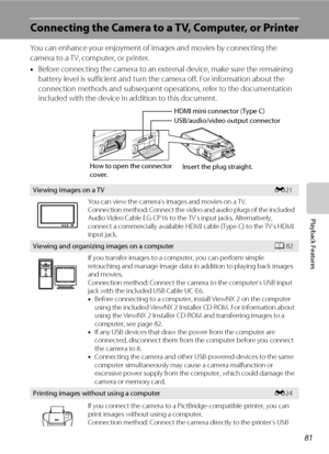 Page 9781
Playback Features
Connecting the Camera to a TV, Computer, or Printer
You can enhance your enjoyment of images and movies by connecting the 
camera to a TV, computer, or printer.
•Before connecting the camera to an external device, make sure the remaining 
battery level is sufficient and turn the camera off. For information about the 
connection methods and subsequent operations, refer to the documentation 
included with the device in addition to this document.
Viewing images on a TVE21
You can view...