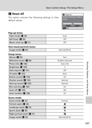 Page 119107
Basic Camera Setup: The Setup Menu
Shooting, Playback, and Setup Menus
n Reset All
This option restores the following settings to their
default values:
Pop-up menu
One-touch portrait menu
Setup menu
Scene mode
Flash mode (c28)Auto
Self-timer (c30)Off
Macro close-up (c31)Off
Image mode (c45)Normal(2816)
Menus (c95)Text
Welcome screen (c96)Disable welcome
Photo info (c100)Auto info
Brightness (c100)3
Date imprint (c101)Off
AF assist (c103)Auto
Button sound (c103)On
Shutter sound (c103)Normal
Start-up...