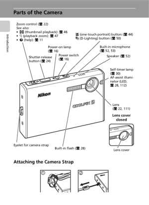 Page 164
Introduction
Parts of the Camera
Attaching the Camera Strap
Built-in flash (c28)Lens
(c22, 111)
Eyelet for camera strapSelf-timer lamp 
(c30)
AF-assist illumi-
nator (LED; 
c28, 112)
Lens cover 
closed
Lens cover
Speaker (c52) Built-in microphone 
(c52, 53)
Shutter-release 
button (c24)m (one-touch portrait) button (c44)
u (D-Lighting) button (c50) Zoom control (c22)
See also:
•j (thumbnail playback): c46
•k (playback zoom): c47
•l (help): c11
Power switch 
(c16) Power-on lamp 
(c16)
Downloaded From...