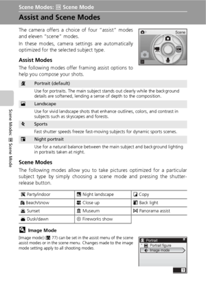 Page 4432
Scene Modes: n Scene Mode
Scene Modes: n Scene Mode
Assist and Scene Modes
The camera offers a choice of four “assist” modes
and eleven “scene” modes.
In these modes, camera settings are automatically
optimized for the selected subject type.
Assist Modes
The following modes offer framing assist options to
help you compose your shots.
Scene Modes
The following modes allow you to take pictures optimized for a particular
subject type by simply choosing a scene mode and pressing the shutter-
release...