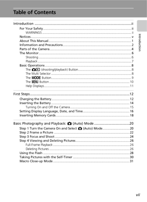 Page 9vii
Introduction
Table of Contents
Introduction .....................................................................................................ii
For Your Safety .................................................................................................. ii
WARNINGS ................................................................................................... ii
Notices................................................................................................................ v
About...