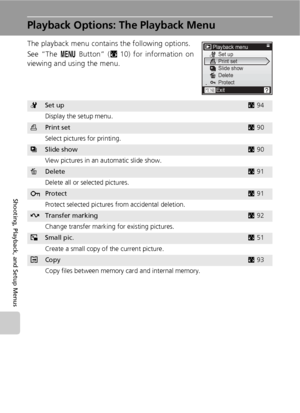 Page 10088
Shooting, Playback, and Setup Menus
Playback Options: The Playback Menu
The playback menu contains the following options.
See “The m Button” (c10) for information on
viewing and using the menu.
ZSet upc94
Display the setup menu.
wPrint setc90
Select pictures for printing.
zSlide showc90
View pictures in an automatic slide show.
ADeletec91
Delete all or selected pictures.
DProtectc91
Protect selected pictures from accidental deletion.
ETransfer markingc92
Change transfer marking for existing pictures....