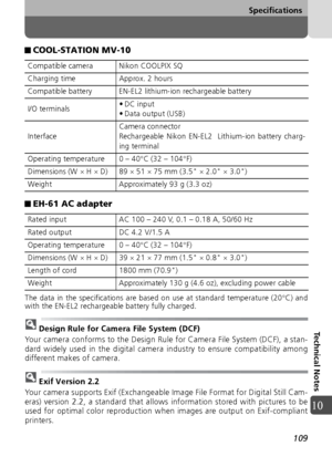 Page 109109
Specifications
Technical Notes
10
JCOOL-STATION MV-10
JEH-61 AC adapter
The data in the specifications are based on use at standard temperature (20°C) and
with the EN-EL2 rechargeable battery fully charged.
Design Rule for Camera File System (DCF)
Your camera conforms to the Design Rule for Camera File System (DCF), a stan-
dard widely used in the digital camera industry to ensure compatibility among
different makes of camera.
Exif Version 2.2
Your camera supports Exif (Exchangeable Image File Format...