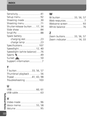 Page 112112
INDEX
Technical Notes
10
Sensitivity ............................... 41
Setup menu ........................... 92
Shooting mode ...................... 30
Shooting menu ......................71
Shutter-release button ...... 17, 34
Slide show ............................. 84
Small Pic ................................ 88
Spare batterycharging slot.....................23
charge lamp .....................23
Specifications ....................... 107
Speedlight........................ 12, 40
Speedlight...