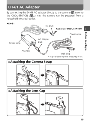 Page 1919
1Before You Begin
EH-61 AC Adapter
By connecting the EH-61 AC adapter directly to the camera (21) or to
the COOL-STATION 
( 22, 63), the camera can be powered from a
household electrical outlet.
•EH-61 DC plug
AC adapter 
plug
Power lamp
AC inlet Wall plug
Camera or COOL-STATION
Power cable
* Shape of cable depends on country of use.
 Attaching the Camera Strap
 Attaching the Lens Cap
Downloaded From camera-usermanual.com Nikon Manuals 