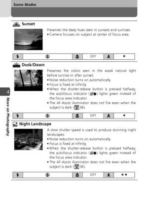 Page 5050
Scene Modes
4More on Photography
 Sunset
Preserves the deep hues seen in sunsets and sunrises.
• Camera focuses on subject at center of focus area.
 Dusk/Dawn
Preserves the colors seen in the weak natural light
before sunrise or after sunset.
• Noise reduction turns on automatically.
• Focus is fixed at infinity.
• When the shutter-release button is pressed halfway,the autofocus indicator ( ) lights green instead of
the focus area indicator.
• The AF-Assist illuminator does not fire even when the...