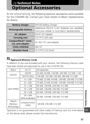 Page 9797
Technical Notes
10
Technical Notes
Optional Accessories
At the time of writing, the following optional accessories were available
for the COOLPIX SQ. Contact your local retailer or Nikon representative
for details.
Approved Memory Cards
In addition to the card provided with your camera, the following memory cards
have been tested and approved for use in the COOLPIX SQ: 
Operation is not guaranteed with other makes of memory card. For more details
on the above cards, please contact the manufacturer....