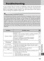 Page 103103
Technical Notes
10
Troubleshooting
If your camera fails to function as expected, check the list of common
problems below before consulting your retailer or Nikon representative.
Refer to the page numbers listed in the rightmost column for informa-
tion on solving the problems listed here. 
Electronically-Controlled Cameras
In extremely rare instances, unusual characters may appear in the monitor and
the camera may stop functioning. In most cases, this phenomenon is caused
by a strong external static...