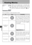 Page 7070
6Movies
Viewing Movies
Movies can be played back in full-screen play-
back mode. Sound recorded with the movie is
played back over the camera’s speaker at the
same time. Movies are indicated by a   icon.
The multi selector is used to play back movies:
ToPressDescription
Start playback Press the multi selector   to start play-
back. When the movie ends, the final
frame is displayed for one second, fol-
lowed by a still image of the first frame.
Pause/Resume  playback Press the multi selector   during...