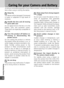 Page 9898
Technical Notes
10
Caring for your Camera and Battery
To ensure continued enjoyment of your Nikon product, observe the following precau-
tions when using or storing the device.Keep dry
The device will be damaged if immersed
in water or subjected to high levels of
moisture.
Handle the lens and all moving
parts with care
Do not apply force to the lens or to the
battery, card, and connector covers.
These parts are especially susceptible to
damage.
Turn the product off before re-
moving or disconnecting...