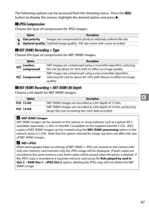 Page 107
87
d
The following options can be accessed from the shooting menu. Press the G 
button to display the menus, high light the desired option and press  2.
❚❚ JPEG Compression
Choose the type of compression for JPEG images.
❚❚NEF (RAW) Recording > Type
Choose the type of compression for NEF (RAW ) images.
❚❚NEF (RAW) Recording > NEF (RAW) Bit Depth
Choose a bit depth for NEF (RAW ) images.
OptionDescription
O Size priority
Images are compressed to produce relatively uniform file size.
P Optimal quality...