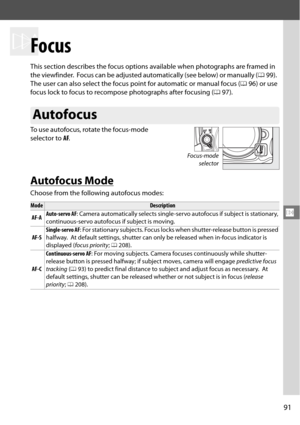 Page 111
91
N
N
Focus
This section describes the focus options available when photographs are framed in 
the viewfinder.
 Focus can be adjusted automatically (see below) or manually ( 099). 
The user can also select the focus po int for automatic or manual focus (096) or use 
focus lock to focus to recompose photographs after focusing ( 097).
To use autofocus, rotate the focus-mode 
selector to  AF.
Autofocus Mode
Choose from the following autofocus modes:
Autofocus
ModeDescription 
AF-A Auto-servo AF
: Camera...