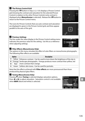 Page 155
135
J
AThe Picture Control Grid
Pressing the  W button in Step 2 ( 0133) displays a Picture Control 
grid showing the contrast and saturation for the selected Picture 
Control in relation to the other Picture Controls (only contrast is 
displayed when  Monochrome is selected).
 Release the W button to 
return to the Picture Control menu.
The icons for Picture Controls that use auto contrast and saturation 
are displayed in green in the Picture Control grid, and lines appear 
parallel to the axes of the...