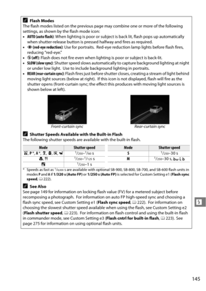 Page 165
145
l
AFlash Modes
The flash modes listed on the previous page may combine one or more of the following 
settings, as shown by the flash mode icon:
• AUTO (auto flash) : When lighting is poor or subject is back lit, flash pops up automatically 
when shutter-release button is pressed halfway and fires as required.
• Y  (red-eye reduction) : Use for portraits.
 Red-eye reduction lamp lights before flash fires, 
reducing “red-eye.”
• j (off ) : Flash does not fire even when lighting is poor or subject is...